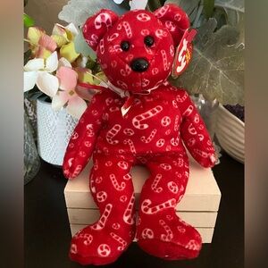 🆕🎄 RETIRED RARE TY BEANIE BABY BEAR “CANDY CANES”. MWMT!
